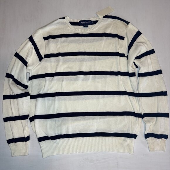 VINTAGE NWT Ralph Lauren Polo Golf Cotton Sweater Large Striped Crewneck Navy - Picture 3 of 10